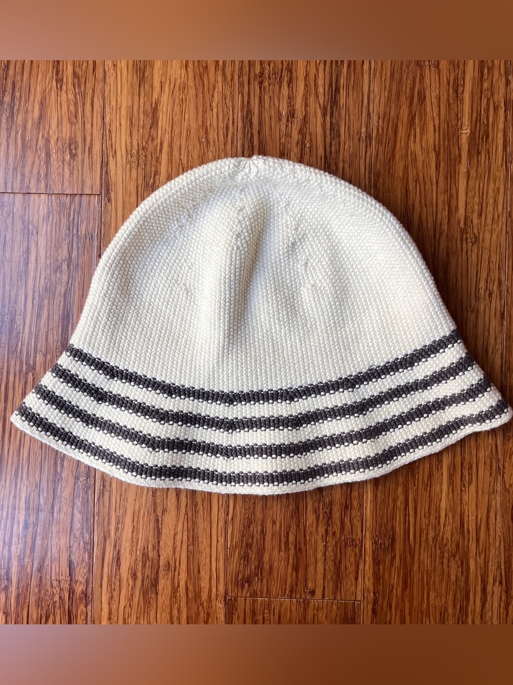 Cream Knit Bucket Hat with Grey Stripe Trim